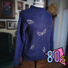 Vintage 1980s Alsoladies Navy Blue Butterfly Embroidered Fuzzy Sweater Women's M
