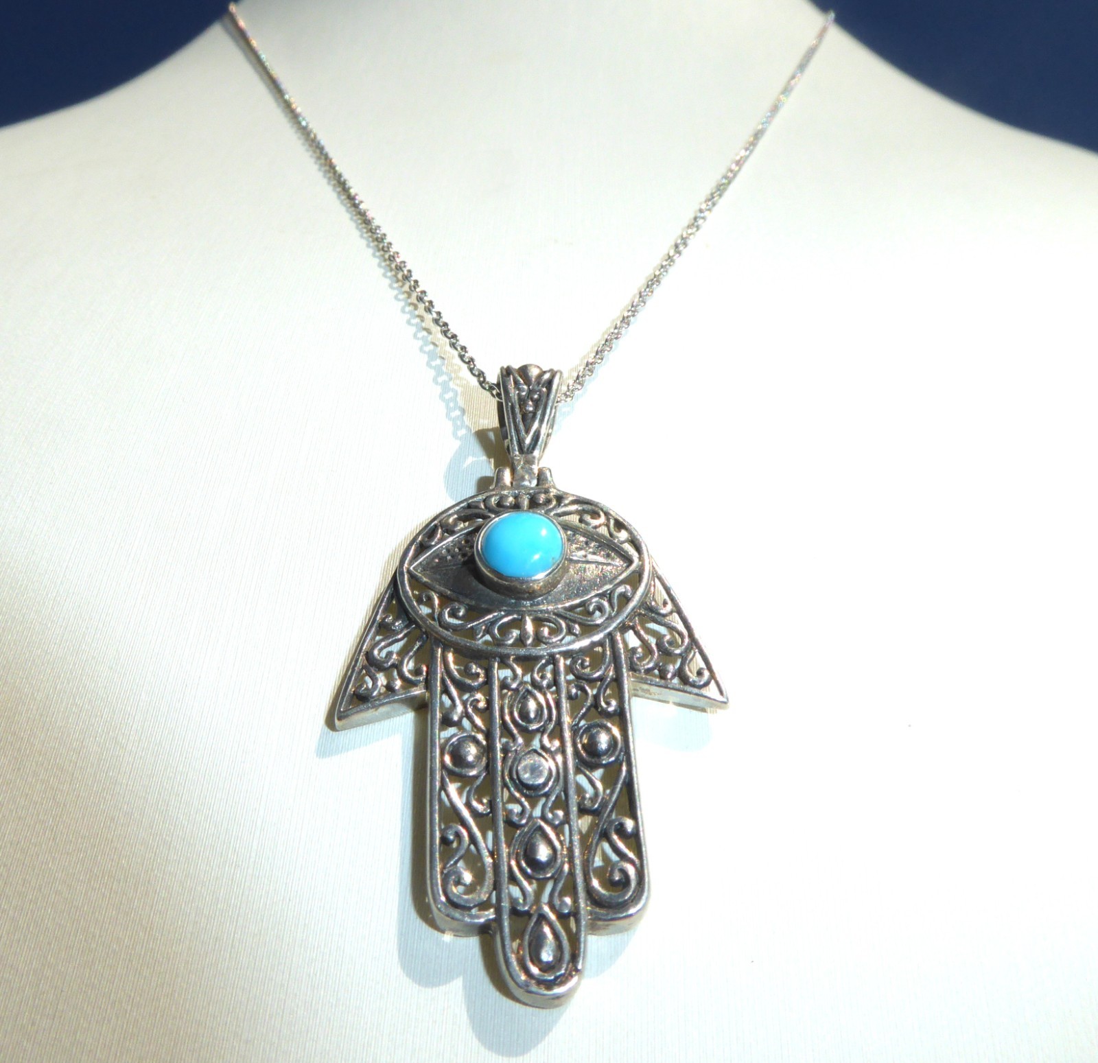 Terrific Sterling Silver Hamsa Hand Necklace Filigree Turquoise Evil Eye