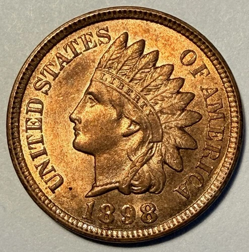 Stunning 1898 Indian Cent, Choice Gem BU, Tons of Red!