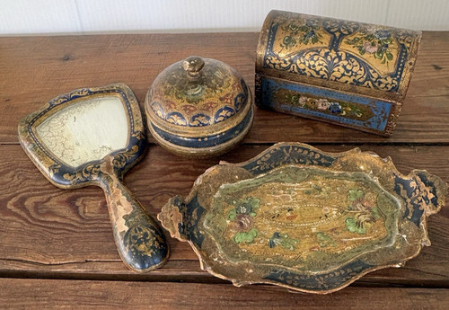 Vtg 4 pc. Florentine Italian Vanity Set ~ Gold Gilt~Hand Mirror Tray Domed Box