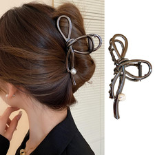Large Metal Hair Claw Clips with Black Bow Design and White Pearls - Non-Slip Ja