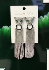 4” Long Fun Black Panther Gunmetal Finish Fringe Chain Statement Earring Hip Hop