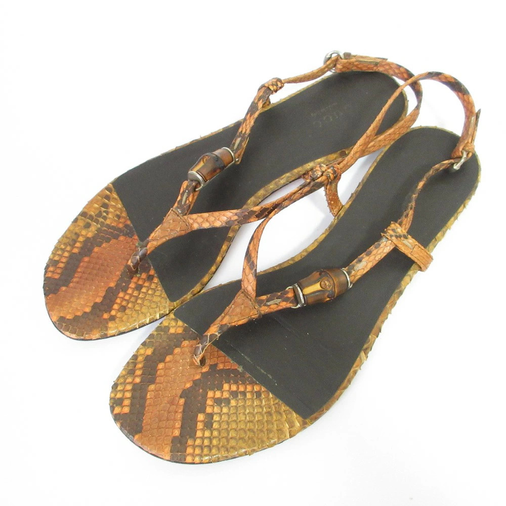 GUCCI Bamboo Python Leather Slingback Flat Sandals 36.5 23.5cm Equivalent Brown
