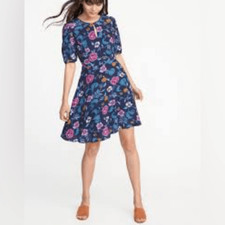 Old Navy Blue Floral Print Puff Sleeve Keyhole Dress Women’s Sz XXL Feminine