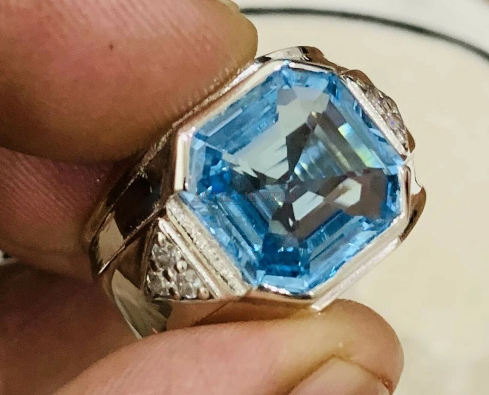 Natural Blue Topaz Gemstone with 14K White Gold Plated Silver Ring for Men AJ479 - Image 2 of 4