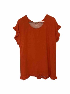 Umgee Women Small Red Linen Blend Short Sleeve Frayed Hem Top Floral Polka Dot
