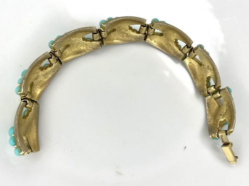 Set Bracciale e Orecchini Vintage Corona Trifari Turchese Cabochon - Tono Oro - Foto 6 di 13