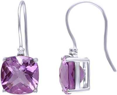 Drop Earrings Cushion Cut Lab Created Amethyst & Natural Diamond 10K Solid Gold