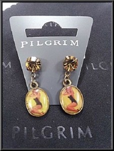 Authentic PILGRIM GOLD PLATED & ENAMEL EARRINGS BROWN CRYSTALS VEGAS DANCERS NICKEL FREE