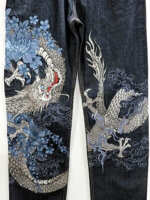 Karakuri Tamashii Denim Pants Jeans Dragon Peony Embroidery Size