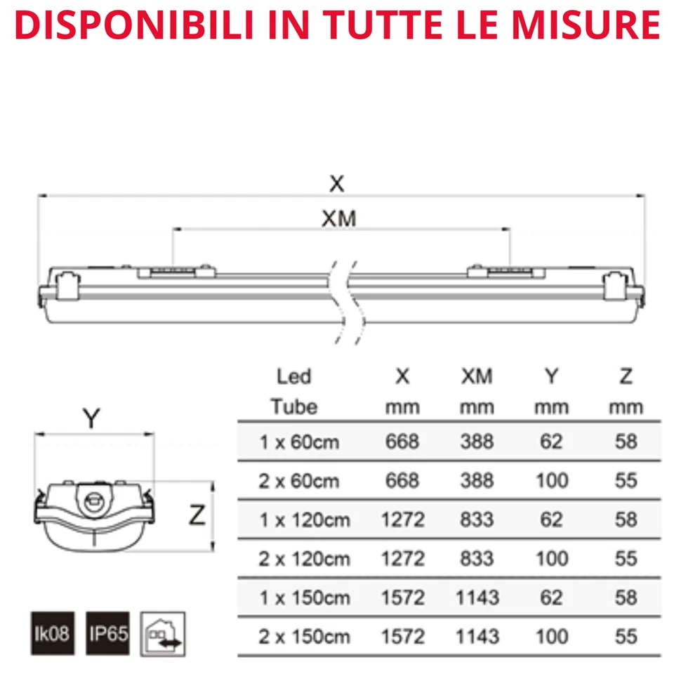 Plafoniera Stagna IP65 Led Plafoniere 150cm 120 cm 60 cm Soffitto Parete Garage - Immagine 2 di 4