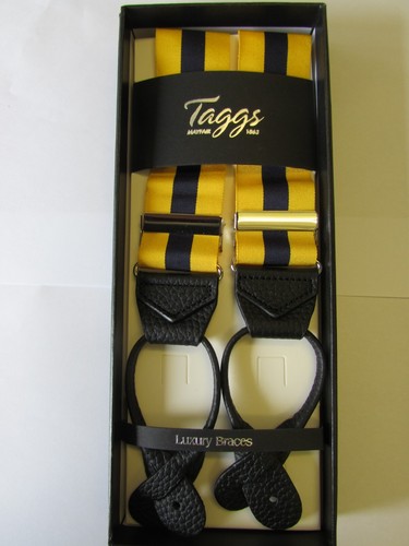 TAGGS LUXURY GOLDEN YELLOW & NAVY STRIPE RIGID LEATHER END BRACES - 第 1/3 張圖片