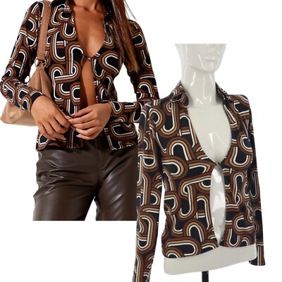Motel Rocks Top Split Front Retro Interlink Grafik Print Langarm Gr. XXS