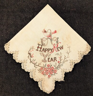 VICTORIAN 19TH C HAPPY NEW YEAR PRINT HANDKERCHIEF W MONOGRAM A