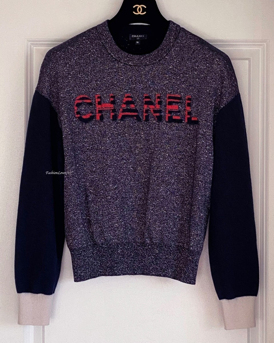19A CHANEL NAVY METALLIC CC LOGO CASHMERE BLEND SWEATER 36 | eBay