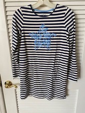 Lands End Girls Medium 10-12 Navy  Ivory Stripe Floral Star Embossed Dress