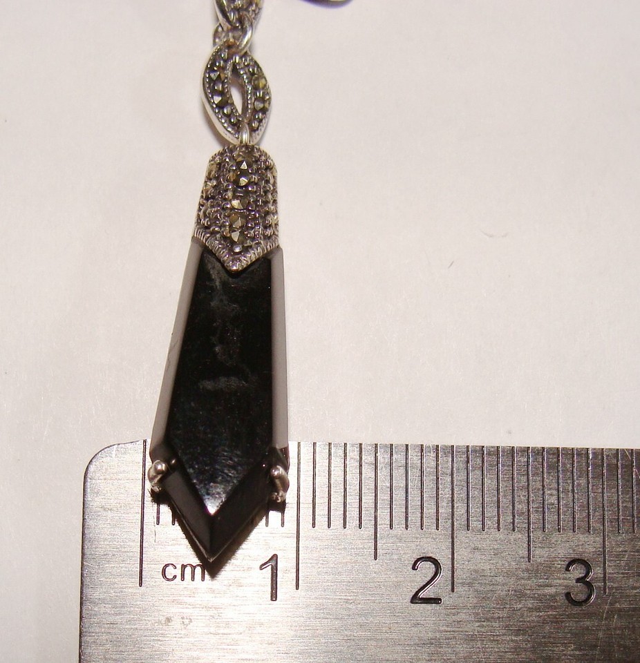 Deco Style Sterling Silver Marcasite Black Glass Dangle Pierced Drop