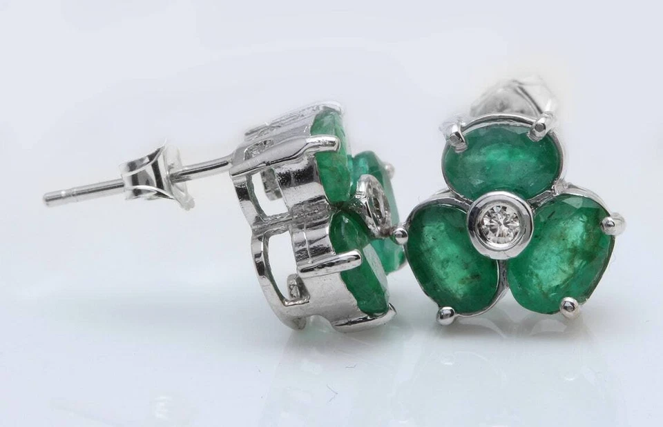 3.85 Karat Natürlicher Smaragd und Diamant IN 14K Massiv Weißgold Ohrstecker o25 - Bild 2 von 4