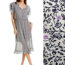Bobeau Nordstrom Gray Floral Dress Ruffle Sleeve Feminine Romantic Medium Midi