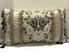 J Queen New York Luxury Decorative Lumbar Pillow Taupe Gray Silver Floral Tassel