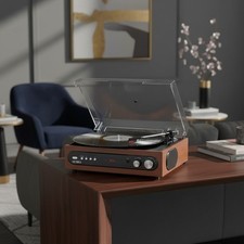 3-in-1 Turntable with Bluetooth FM Radio and Speakers in Mahogany