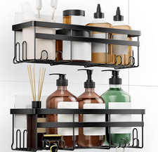 2 Pack No Drill Shower Caddy Rustproof Bathroom Organizer Shelf w/ Hooks Wall Mo