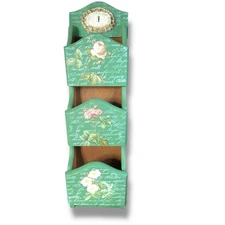 Vintage Wood Wall Pocket Letter Organizer Key Hanger Upcycle Cottage Floral Keys