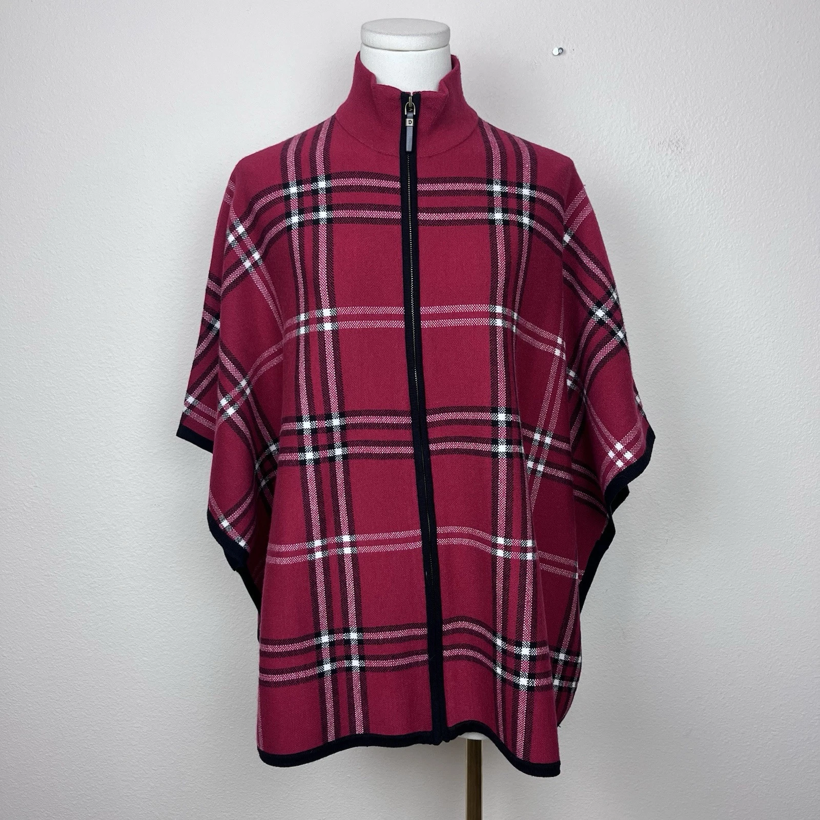 Nicole Miller NY Sweater Womens Small Zipper Cardigan Poncho Plaid Mock Neck Red