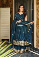 Latest Heavy Crunchy Silk Teal Blue Top Palazzo With Dupatta For Party Wear