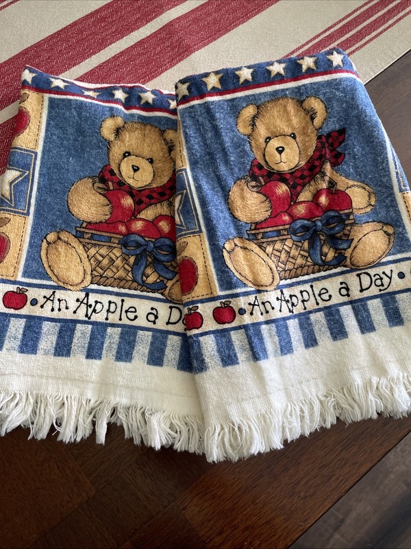 2 Vintage Franco Kitchen Towels with Teddy Bear An Apple A Day