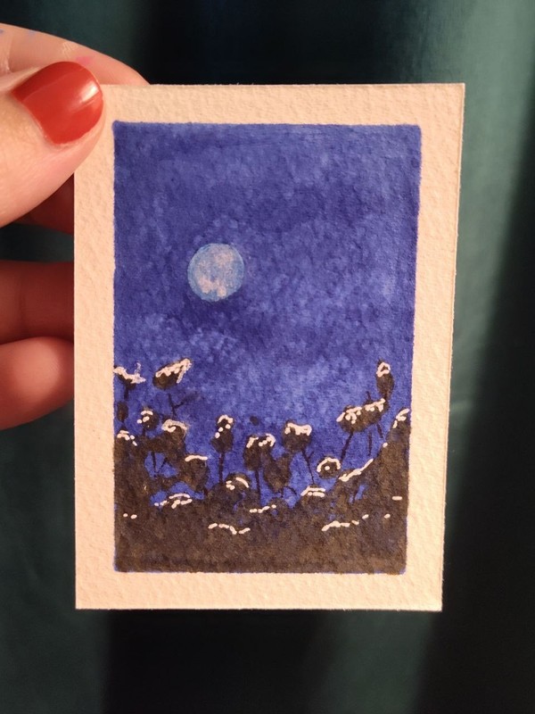 ACEO Original Night Flowers Mixed Media Painting Art Card "Cotton"