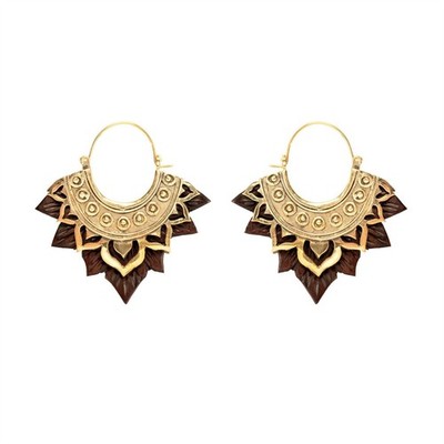 81stgeneration Dangle Earrings Wood Gold Brass Carved Tribal Lotus Hoop Flower