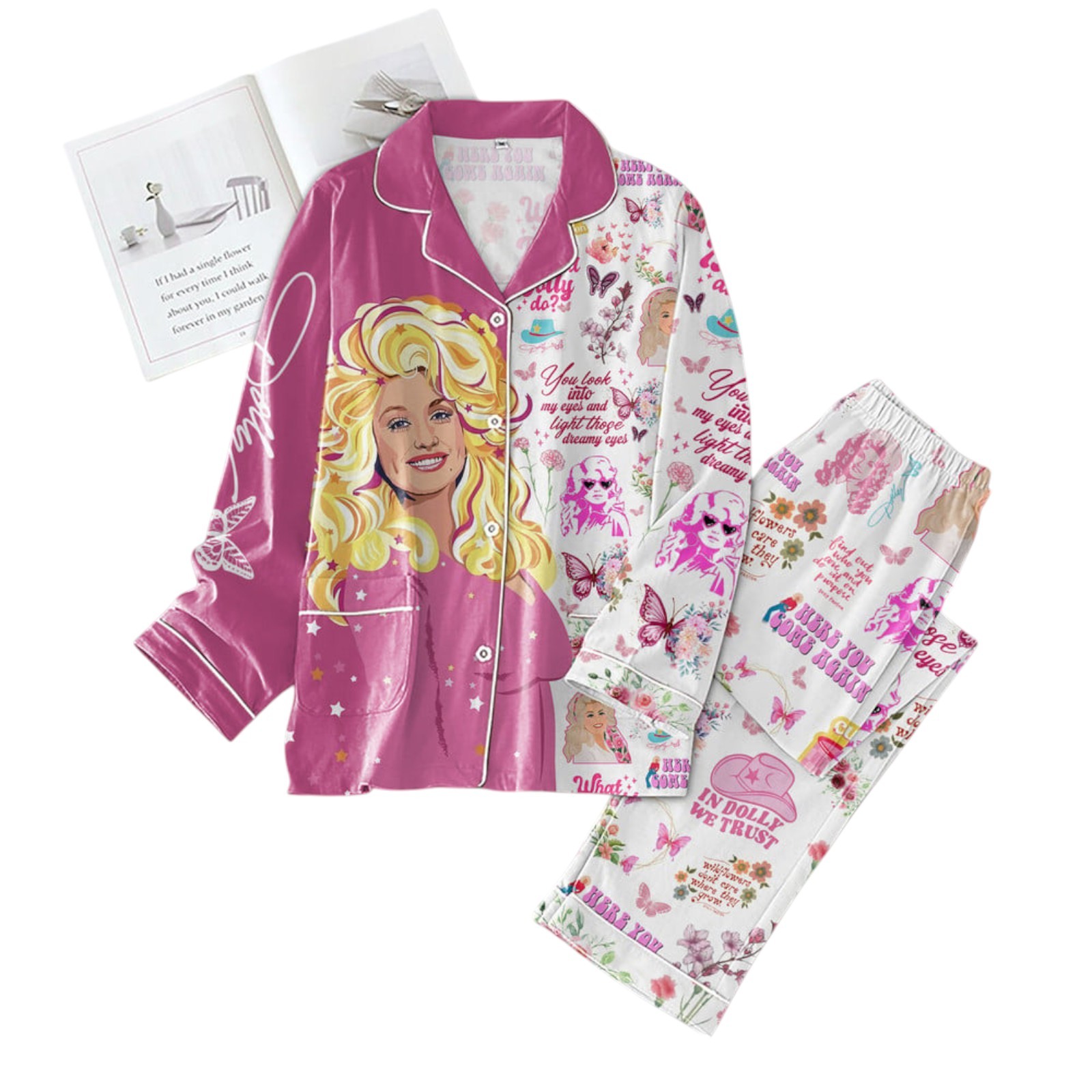 Dolly Parton Floral Button Down Pajama Set ANHNV 3070