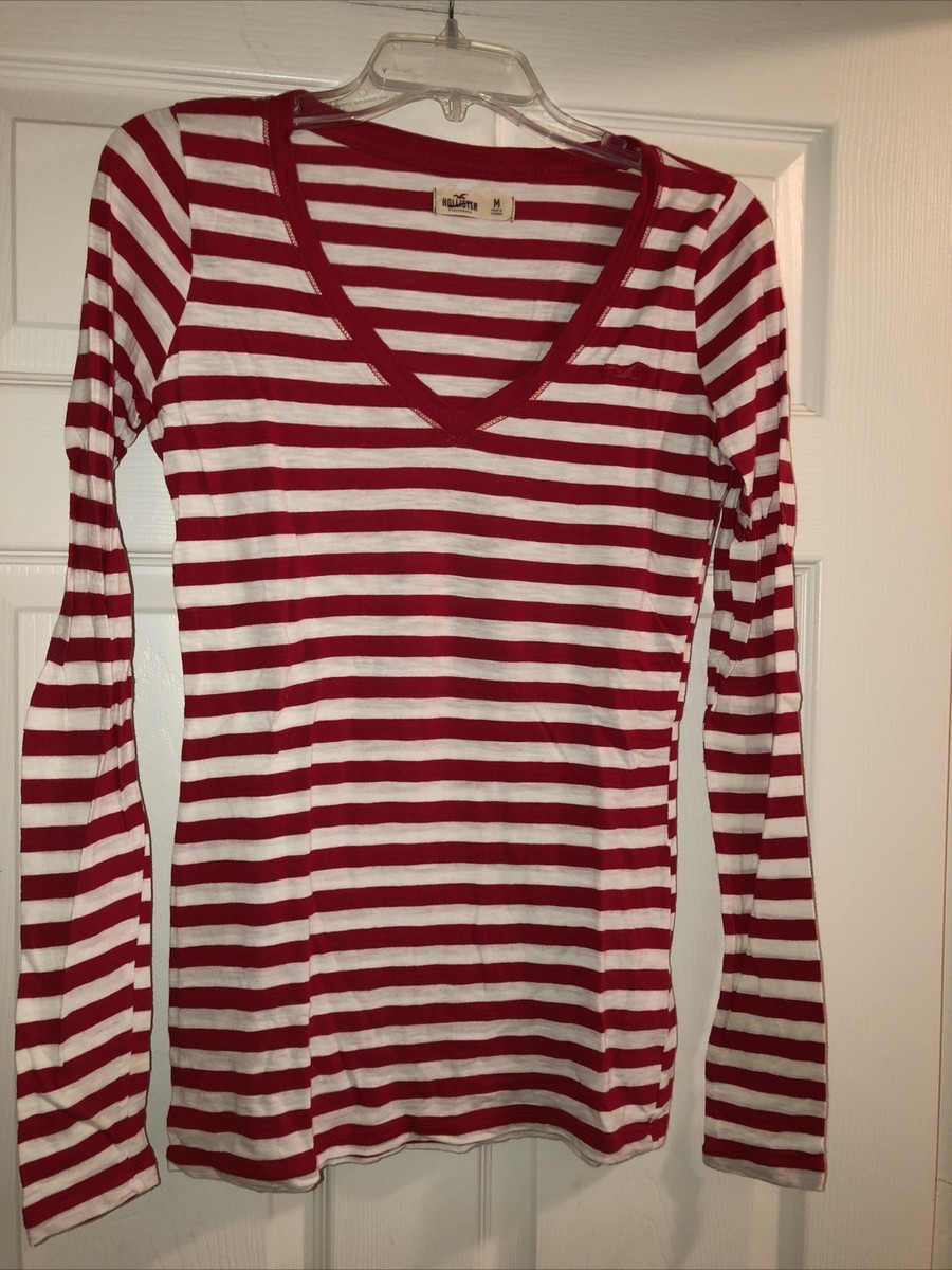Vintage Y2K Hollister Long Sleeve V-Neck Red & White Striped