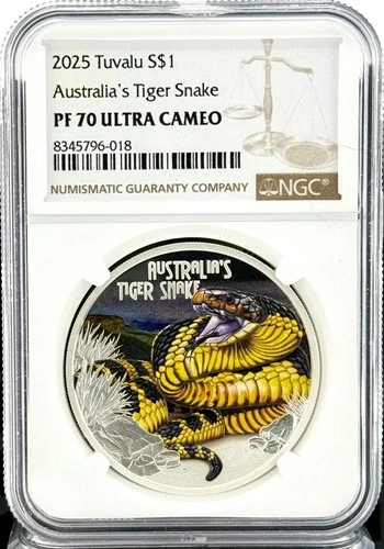 2025 Tuvalu $1 Deadly & Dangerous Tiger Snake 1 oz Silver Coin - NGC PF 70 UCAM