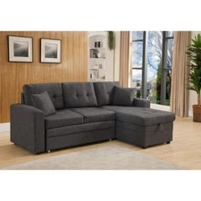 89" Upholstered Pull Out L-Shaped Sectional Sofa Bed with Storage Chaise, Gray