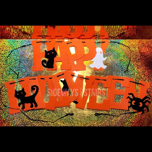 HAPPY HALLOWEEN FELT GARLAND 59 inch orange-red black cat ghost raven spider NEW - Afbeelding 9 van 10