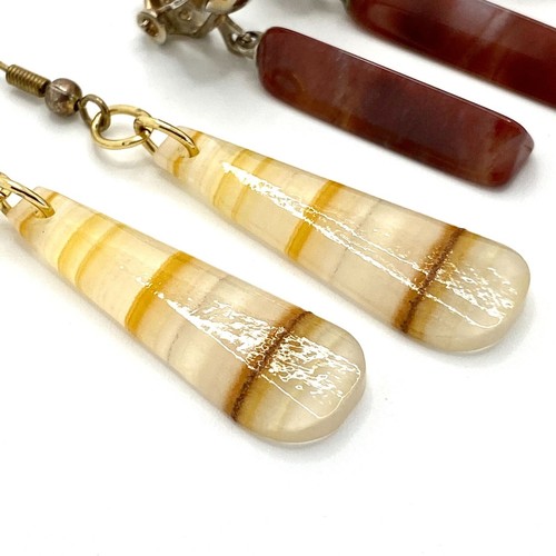 Vintage Mixed Lot of 3 Polished Agate Stone Earrings Gold Tone Clip - Picture 4 of 8