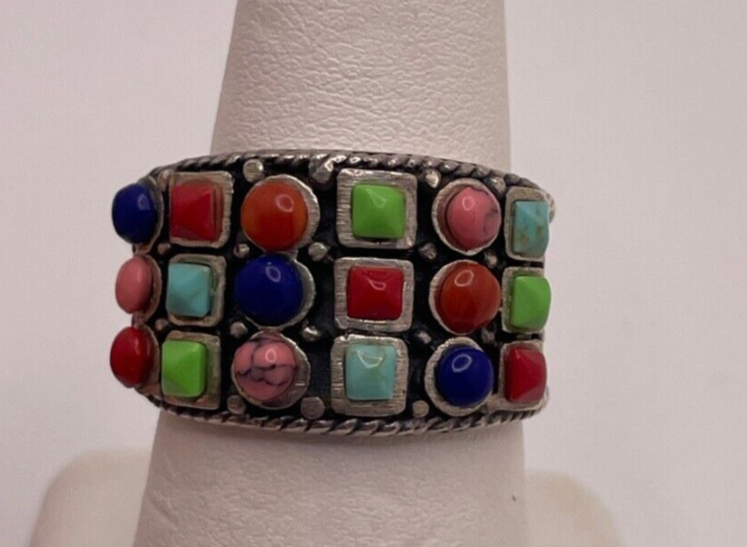 Sterling Silver Multi Colored Stone Ring Size 8.25 - image 2