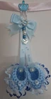 Pram charms*new*blue bootie charms hand knitted with white edged blue Boy Heart