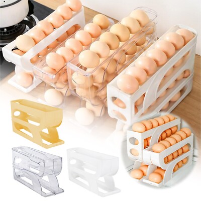 Rolling Egg Organizer Fridge Storage Box With Slide Out Tray Automatic Egg 