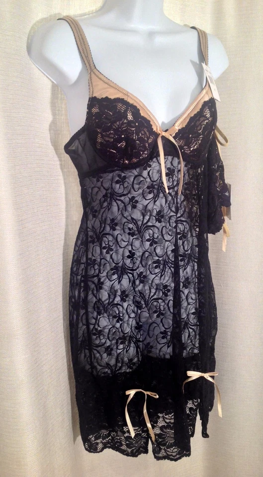 DONNA L'OREN Mujer Talla Mediana SEXY Negro ENCAJE Transparente Juego de Tanga Camisón 2 Piezas  Foto 3 de 4