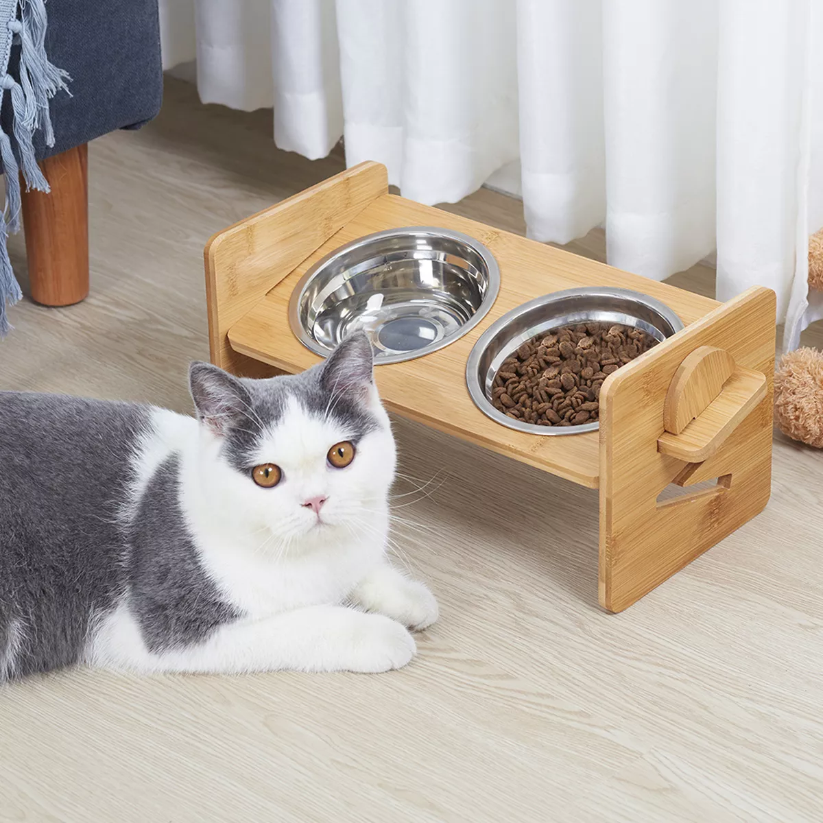 Pet Dog Cat Food Feeding Stand Station Stainless Double Raised Bowls Dish  Holder