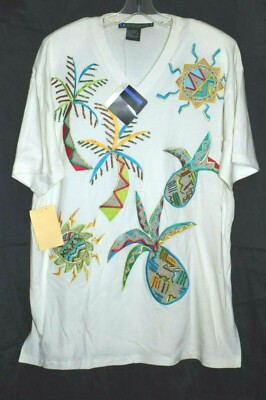 Vintage IB DIFFUSION Top Beaded Embroidered Details White Cotton sz XL $98