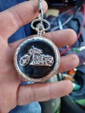 Infinity Quartz Motorcycle Biker Pocket Watch On Chain Black Silver tone