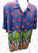 Men's Islander Hawaiian Shirt Sz M Short Sleeve Blues & Reds Surfboards & Totem
