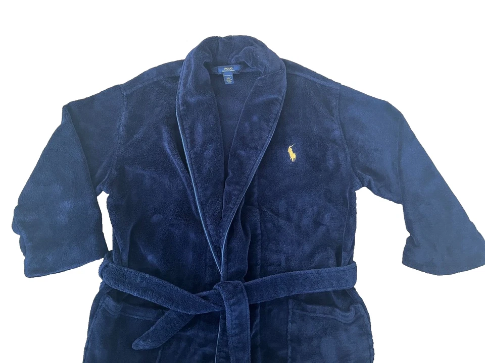 POLO Ralph Lauren Azul Marino Felpa Bata de Baño Para Hombres S/M Chal Cuello Dorado Poni Foto 2 de 4