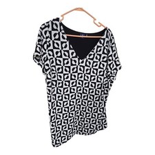 Kaari Blue Womens Blouse Top 1X Black & White Geo Print High Low Hem