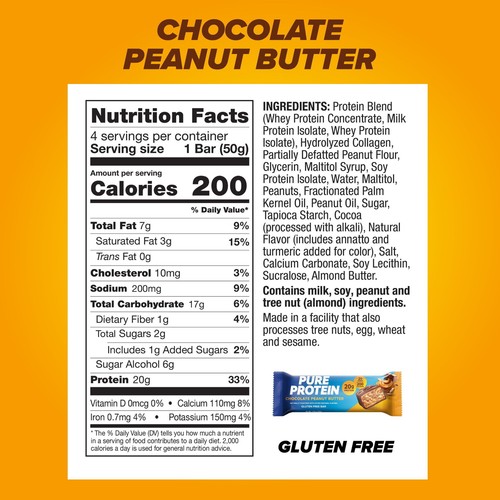 Pure Protein Bars, Chocolate Peanut Butter, 20g Protein Gluten Free 1.76 Oz 4 Ct - Picture 3 of 6