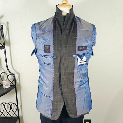 Tiglio Luxe Mens Sport Coat Blazer Gray Plaid Wool Model Porto Suit Sz 44R Slim - Picture 15 of 18